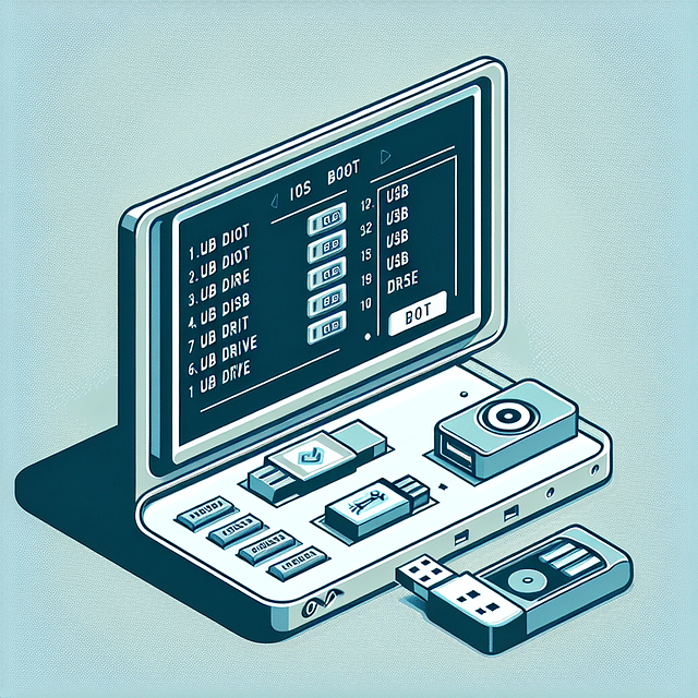 a BIOS boot menu with a USB drive highlighted as the first boot device
