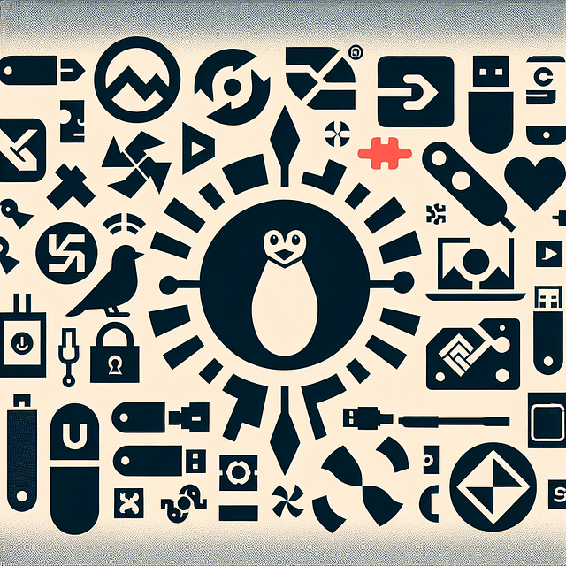 a collage of Linux distribution logos, USB imaging tool icons