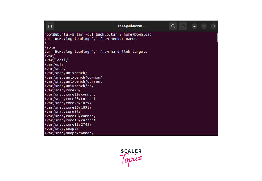 Linux terminal with tar command execution